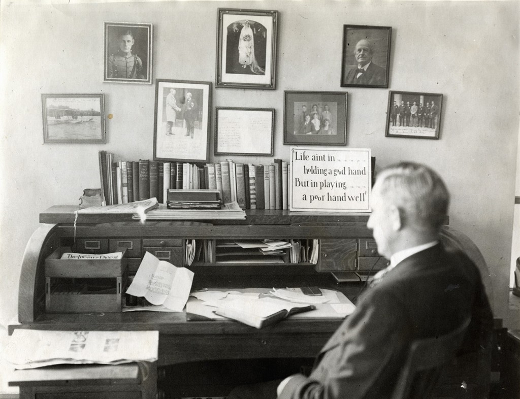 Rev. J. Frank Norris (49 years old) sitting at his desk in First Baptist Church, Fort Worth (11/02/1926), four months after he had pulled a gun from this desk to shoot a man.