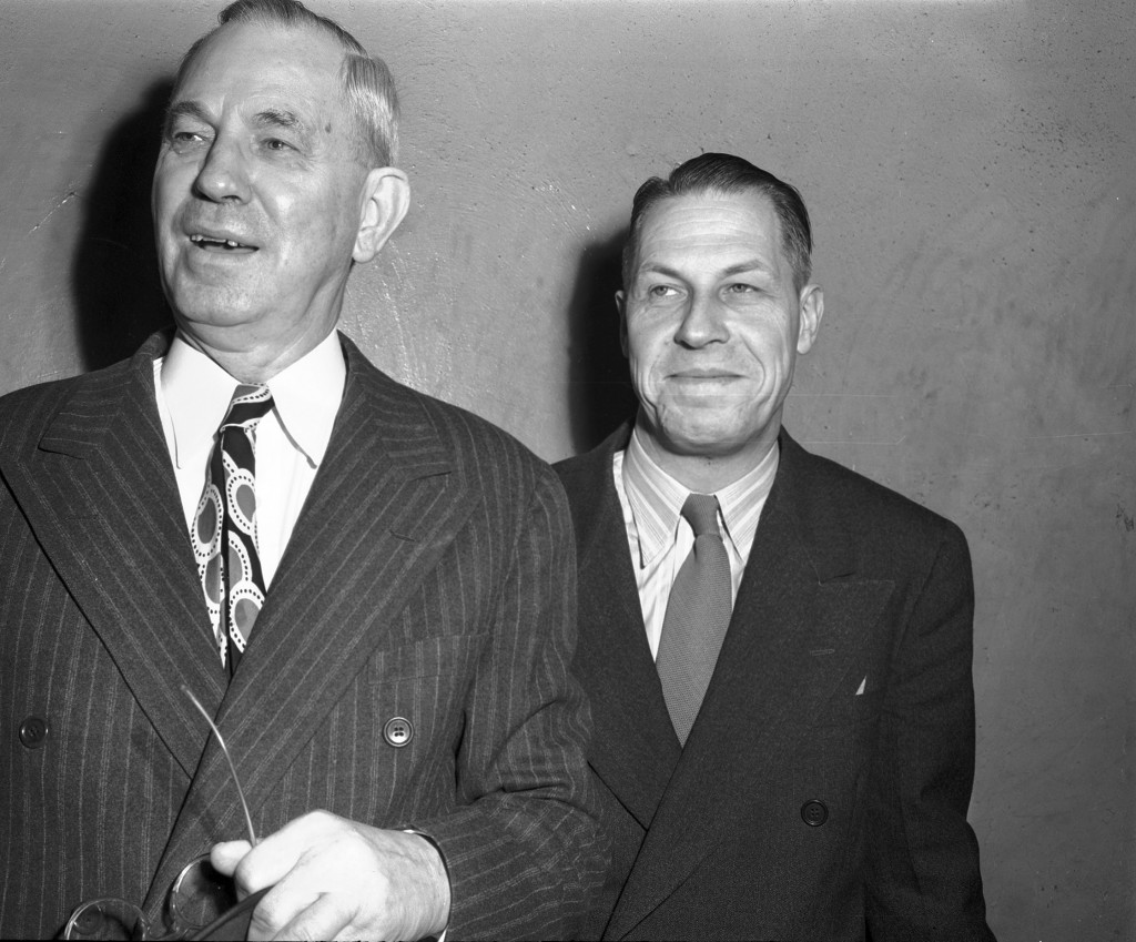 J. Frank Norris (left) and G.B. Vick (right) of World Fundamentalist Baptist Missionary Fellowship, on announcement of their interview with Pope Pius XII, 02/28/1948. UTA Libraries, accessed July 7, 2016, http://library.uta.edu/digitalgallery/items/show/11432.