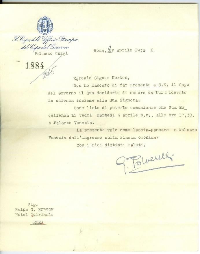 Confirmation letter for the Nortons’ appointment with Mussolini (April 29, 1932). Courtesy of the Archives of the Belgian Evangelical Mission, preserved at Evadoc, Leuven (Belgium)