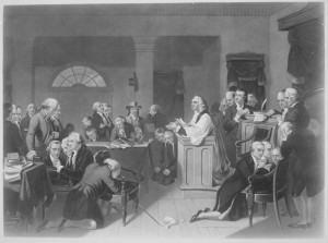 First Prayer in Congress, September 1774, in Carpenters Hall, Philadelphia, Pennsylvania. Copy of print by H. B. Hall after T. H. Matteson., 1931 - 1932.  National Archives and Records Administration, Public Domain, Wikimedia Commons.