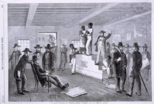 Schomburg Center for Research in Black Culture, Photographs and Prints Division, The New York Public Library. "A slave auction in Virginia." The New York Public Library Digital Collections. 1861.  Public Domain.