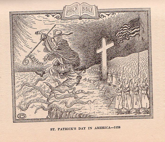 In this cartoon, Klansmen protect America's shores from the Catholic power represented by the Irish and St. Patrick. From White, Alma "Klansmen: Guardians of Liberty" Zarephath, NJ: 1926 p.21. Wikimedia Commons, Public Domain.