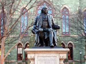 Statue of Benjamin Franklin in front of College Hall.  Matthew Marcucci, Wikimedia Commons, Public Domain.