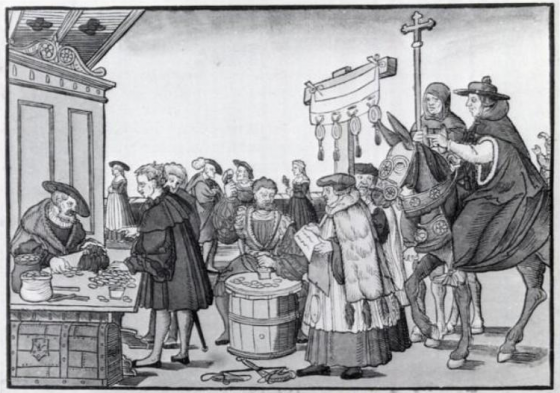 A woodcut by Jörg Breu the Elder of Augsburg (c. 1530) showing the sale of indulgences.