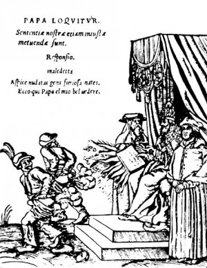 A woodcut by Lucas Cranach commissioned by Martin Luther (1545), depicting the response of German peasants to a papal bull of Pope Paul III. 