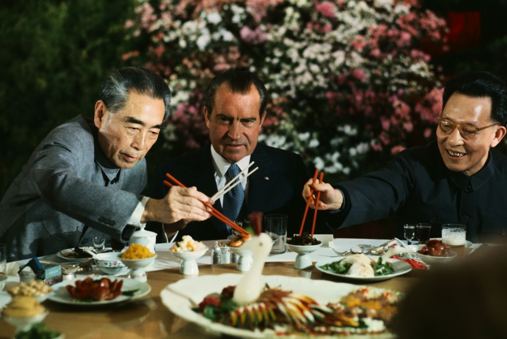 Richard Nixon Eating with Zhou Enlai and Chang Chun-chiao