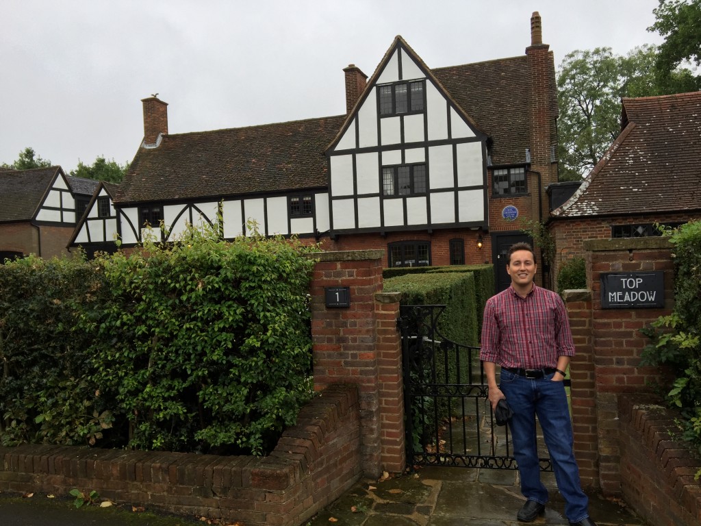 Standing outside the home of G. K. Chesterton from 1922 to 1936. A blue plaque hangs over the front door, indicating this house was Chesterton's.